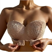 Ousvtion Saving Womens Strapless Bralettes Front Closure Lace Embroidery Bandeau Bras Beauty Back Smoothing Bra Bridal Underwear Deals,Beige,75B